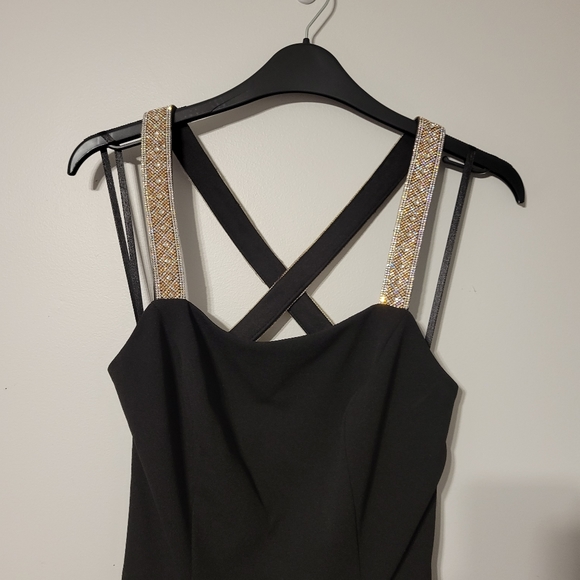 Betsy & Adam Crystal Crossed Straps Black Formal Gown with Cowl Back - Picture 2 of 11